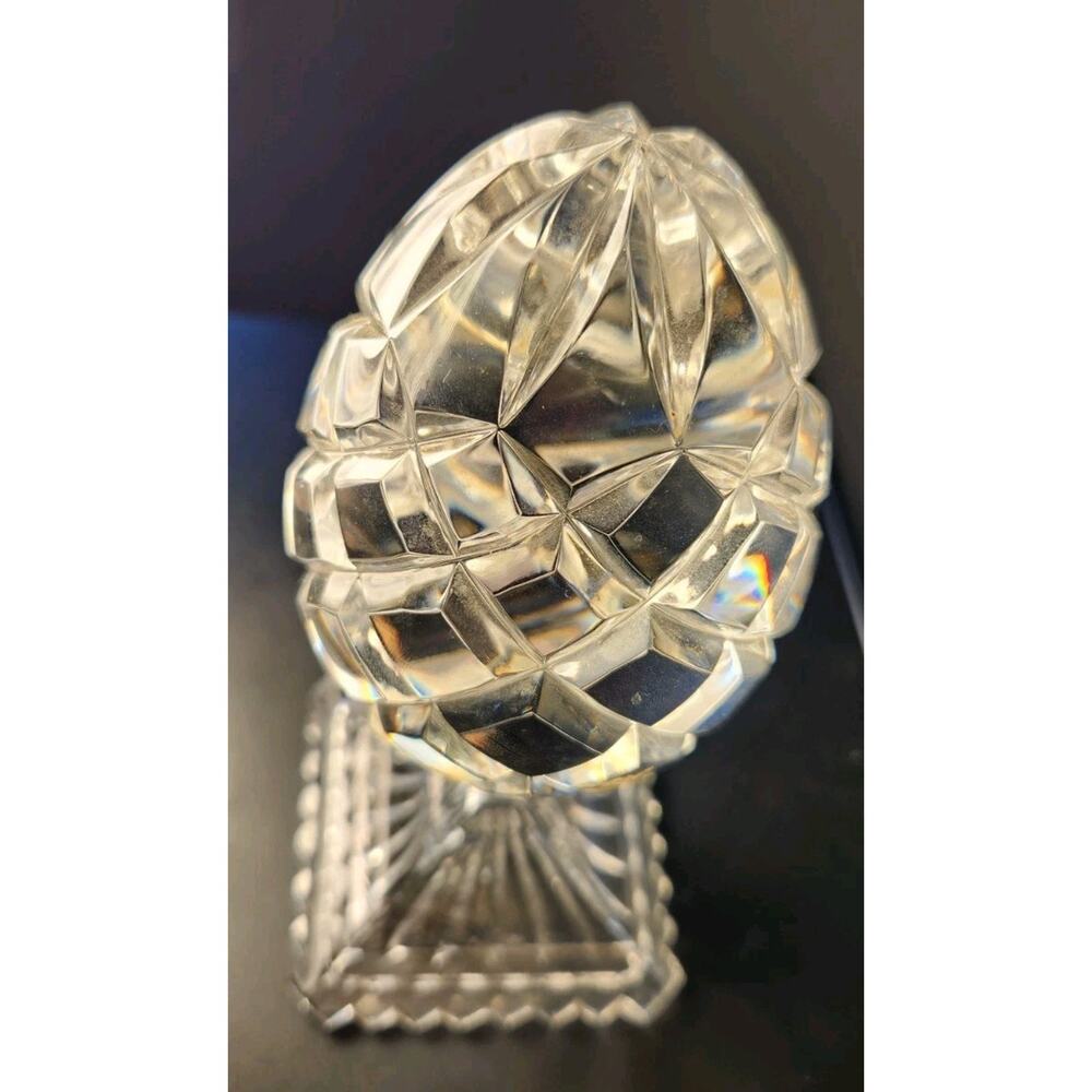 Vintage Clear Cut Glass Egg Form Pedestal Tabletop Paperweight
